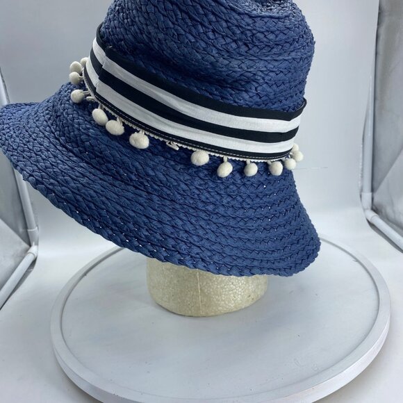 Women Navy Blue Wide Brim Floppy Straw Hat Pom Pom Trim Striped Band Beach - Picture 2 of 6